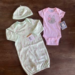 NWT 0-3 month bundle. Gown, cap & onesie.